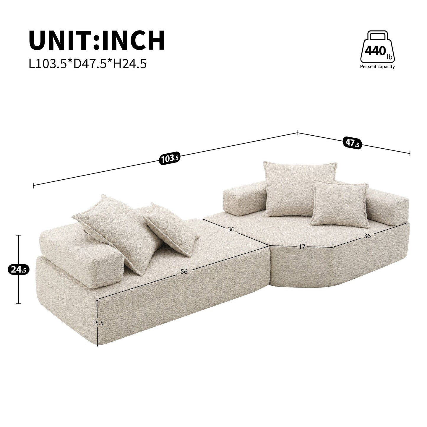 Divano modulare Roomfitters Boucle con set convertibile da 2 pezzi, divano da pavimento per soggiorno imbottito in schiuma di grandi dimensioni, beige