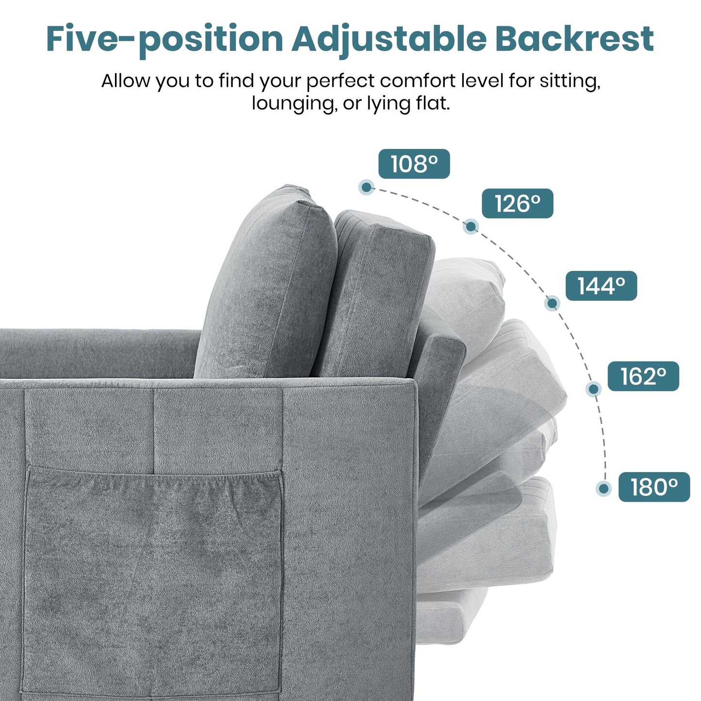 Divano letto trasformabile Roomfitters con letto estraibile, schienale regolabile in 5 posizioni, tasche laterali e cestino portaoggetti