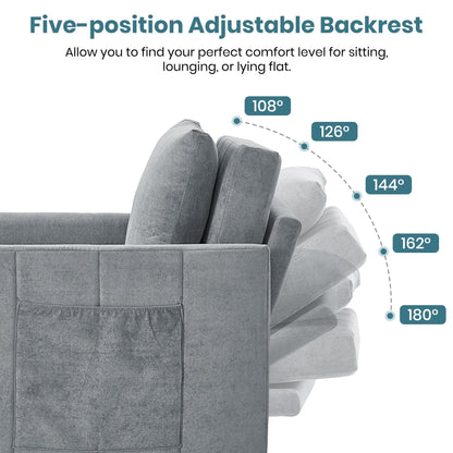 Divano letto trasformabile Roomfitters con letto estraibile, schienale regolabile in 5 posizioni, tasche laterali e cestino portaoggetti