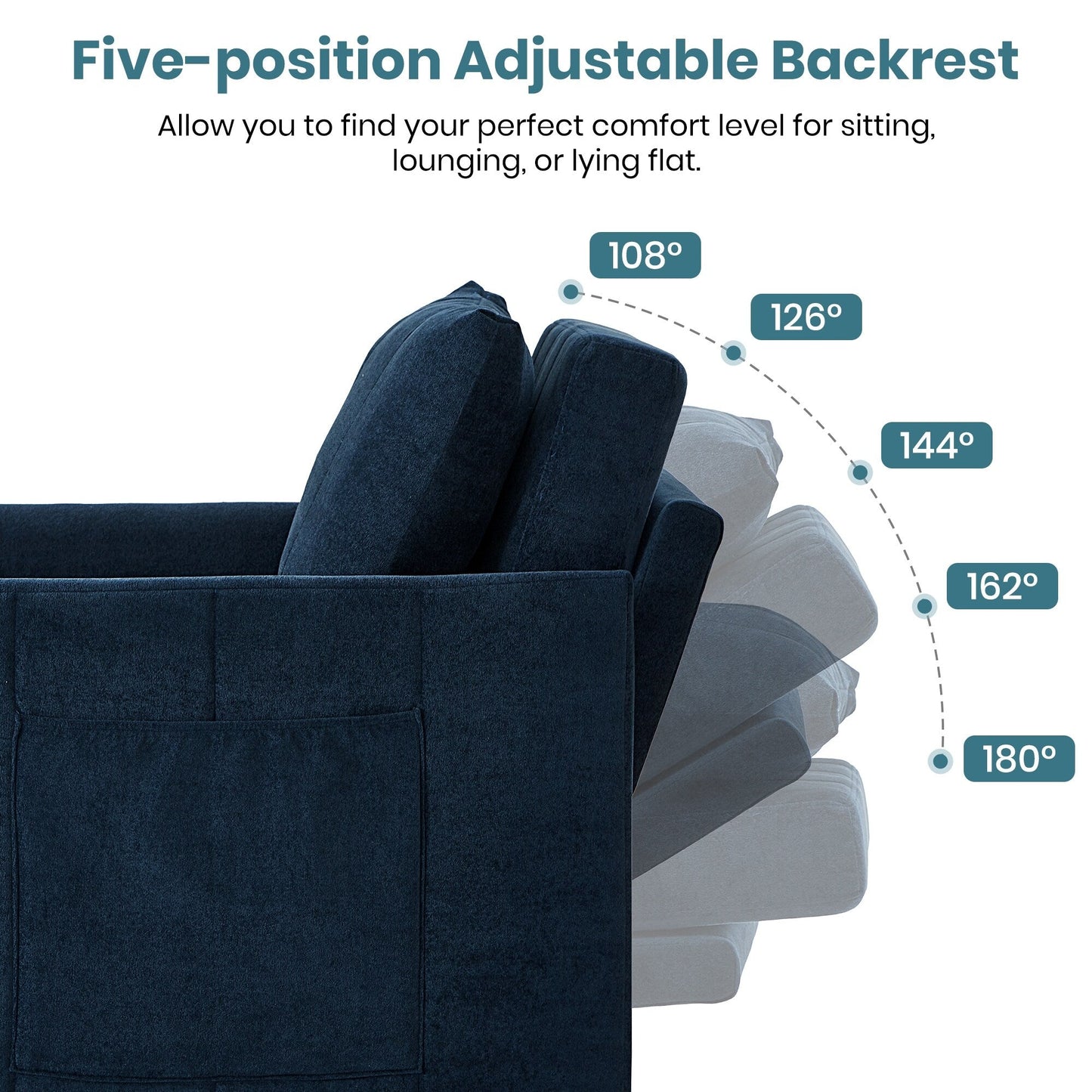 Divano letto trasformabile Roomfitters con letto estraibile, schienale regolabile in 5 posizioni, tasche laterali e cestino portaoggetti