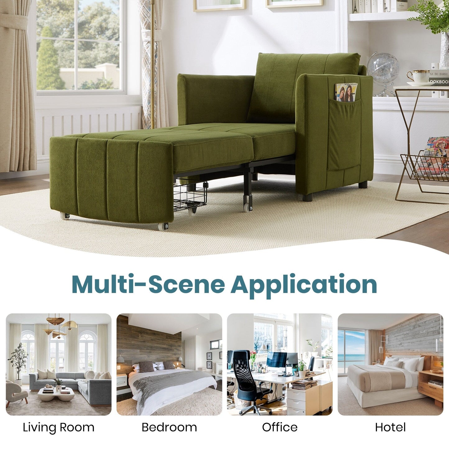 Divano letto trasformabile Roomfitters con letto estraibile, schienale regolabile in 5 posizioni, tasche laterali e cestino portaoggetti