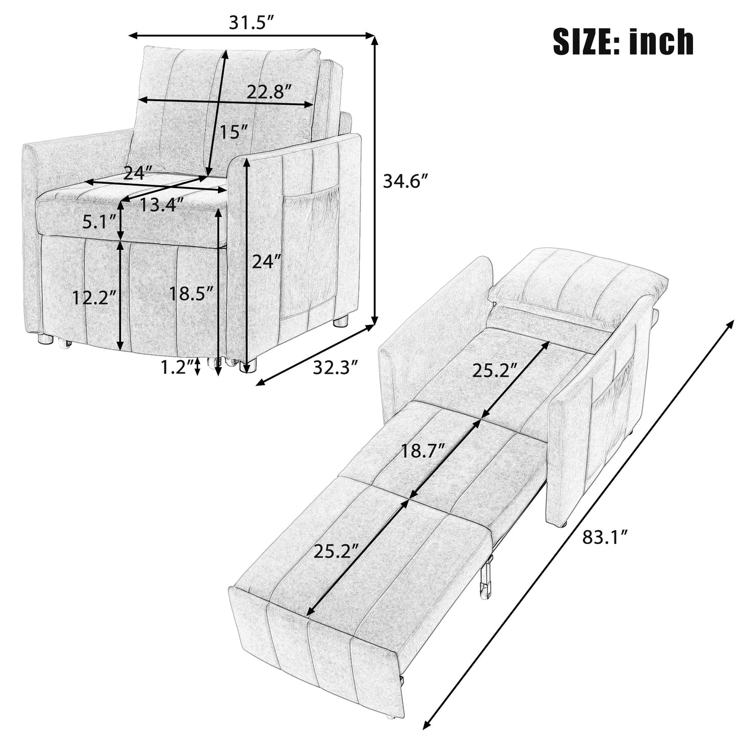 Divano letto trasformabile Roomfitters con letto estraibile, schienale regolabile in 5 posizioni, tasche laterali e cestino portaoggetti