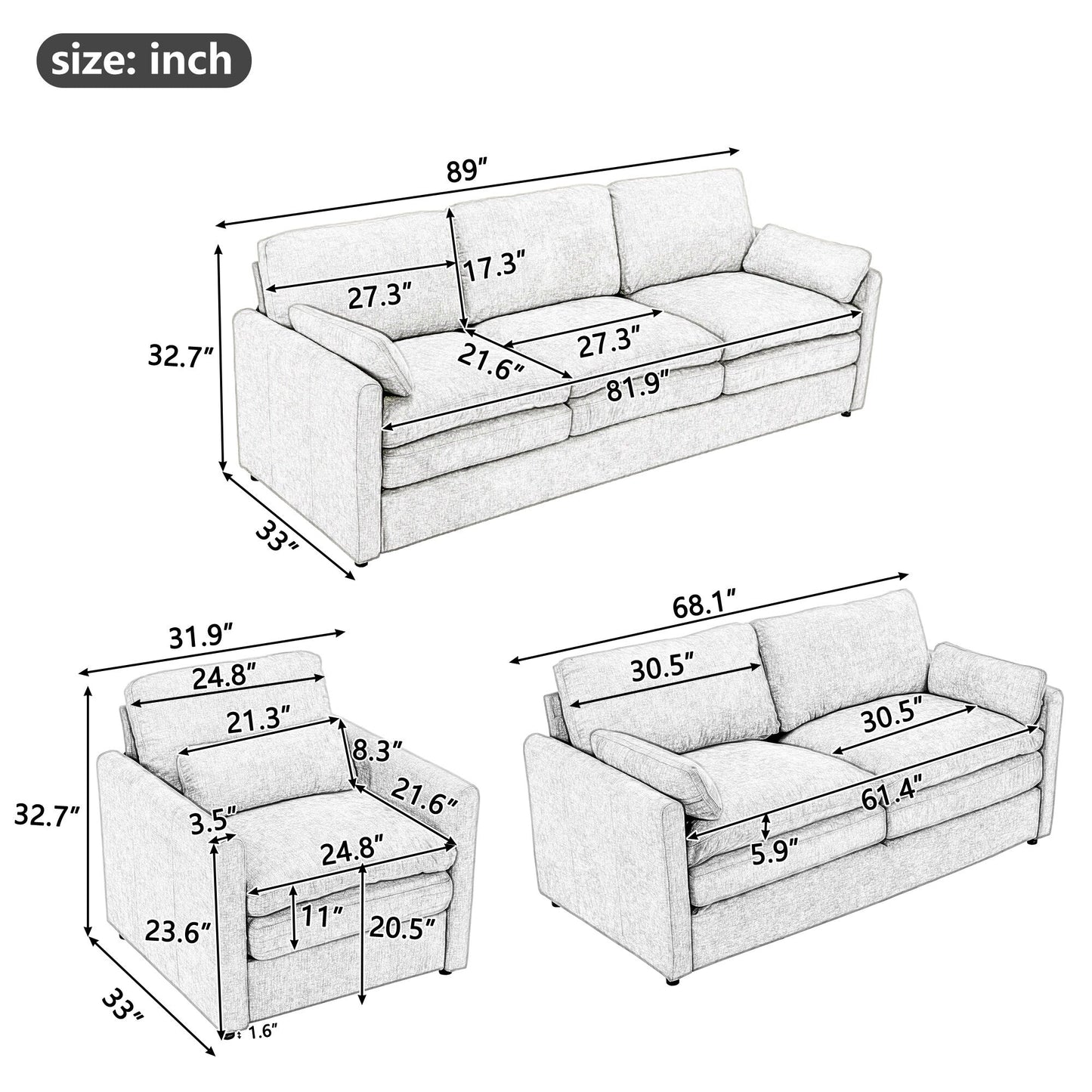 Set di divani imbottiti Cozy Oversize Cloud di Roomfitters, 3 pezzi, con doppi cuscini di peluche per il soggiorno