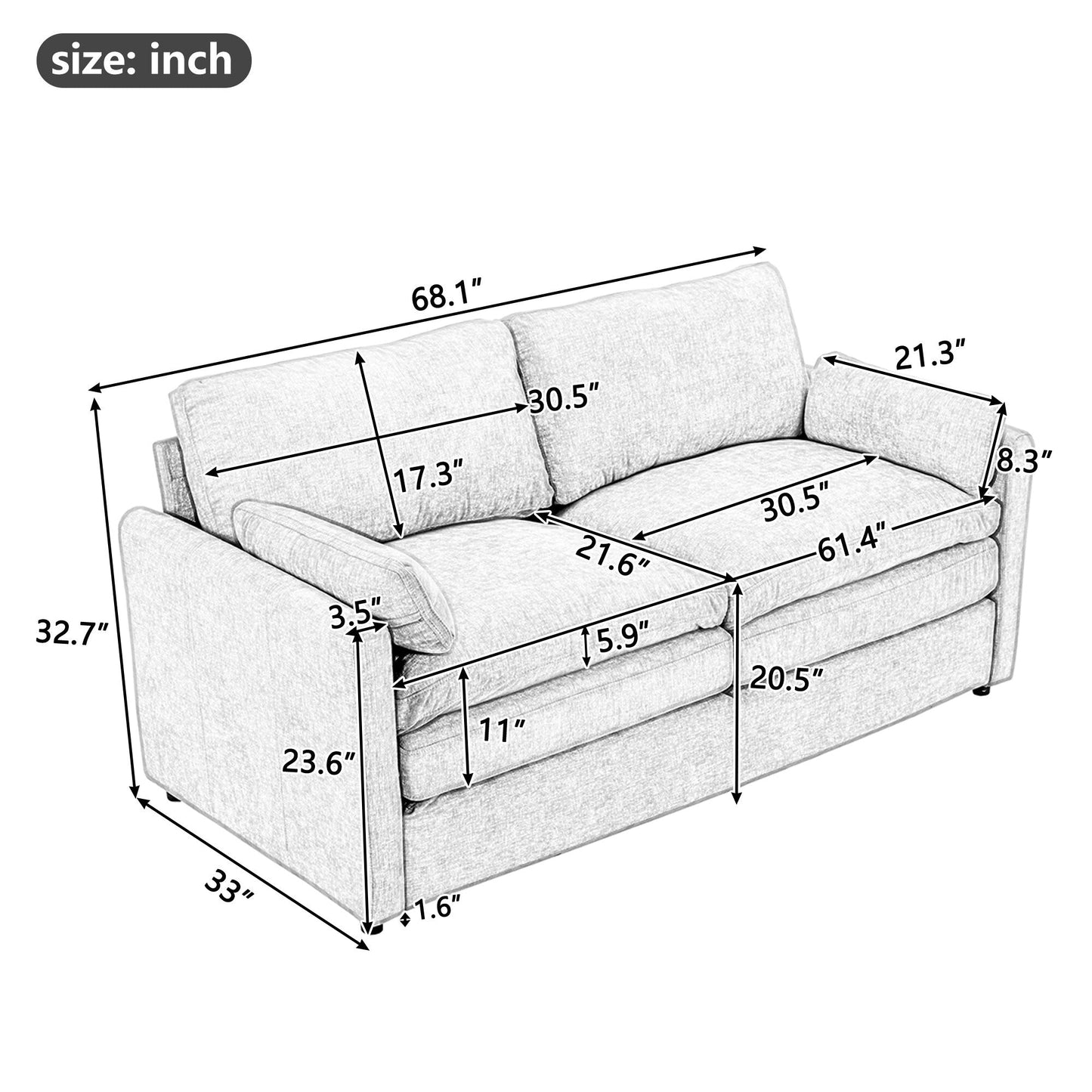 Divano a due posti imbottito di grandi dimensioni Roomfitters Cozy Cloud con doppio cuscino in peluche per soggiorno, grigio chiaro