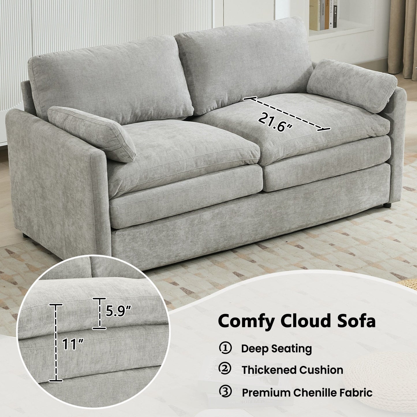 Divano a due posti imbottito di grandi dimensioni Roomfitters Cozy Cloud con doppio cuscino in peluche per soggiorno, grigio chiaro