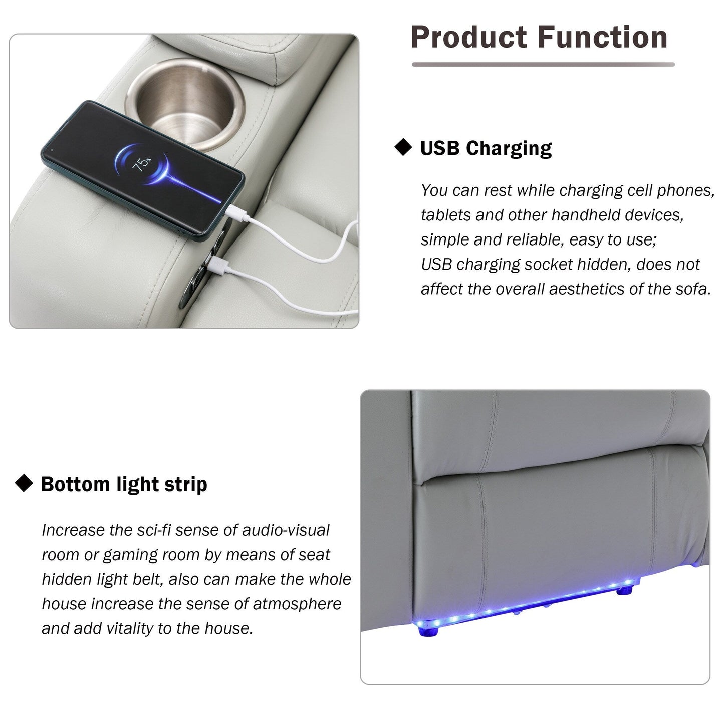 Poltrona reclinabile elettrica Roomfitters con porta USB, bracciolo nascosto, portabicchieri e altoparlante Bluetooth