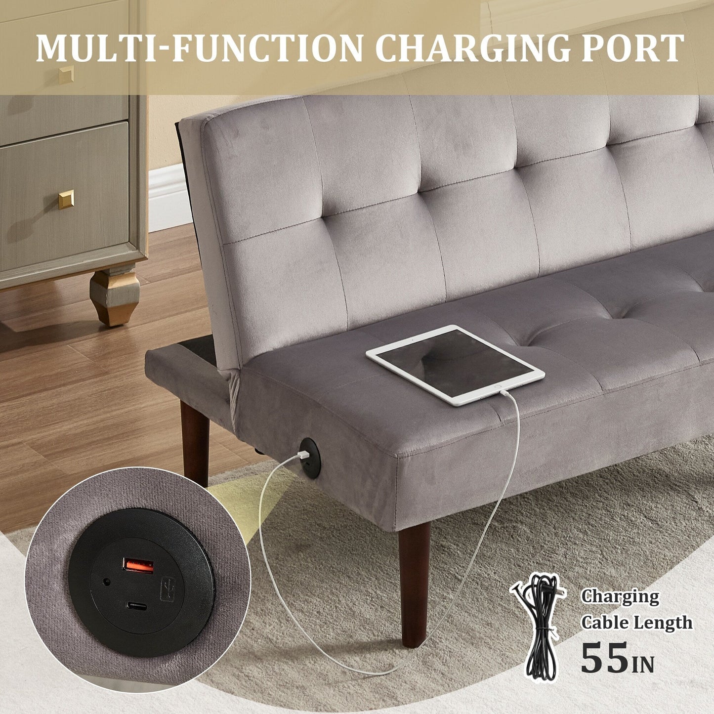 Divano letto pieghevole in flanella Roomfitters, futon reclinabile regolabile con porta di ricarica per soggiorno, camera da letto o ufficio