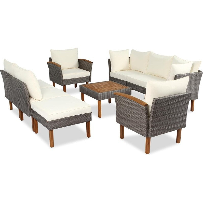 Set di mobili da giardino in rattan da 9 pezzi Roomfitters, set da conversazione all'aperto con gambe in legno di acacia e piano del tavolo