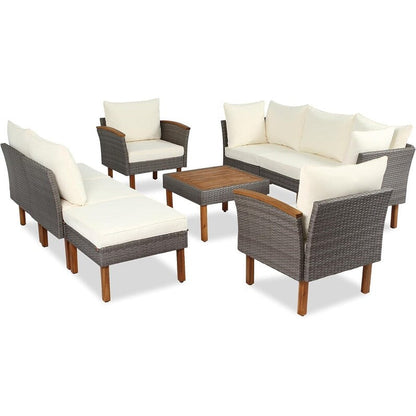 Set di mobili da giardino in rattan da 9 pezzi Roomfitters, set da conversazione all'aperto con gambe in legno di acacia e piano del tavolo