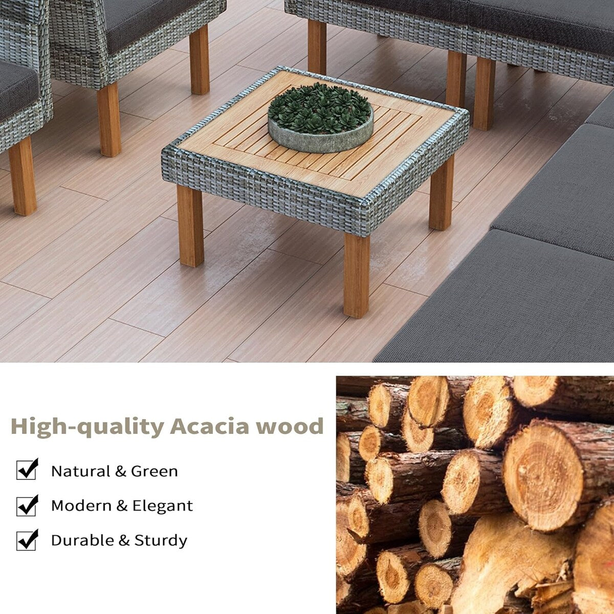 Set di mobili da giardino in rattan da 9 pezzi Roomfitters, set da conversazione all'aperto con gambe in legno di acacia e piano del tavolo