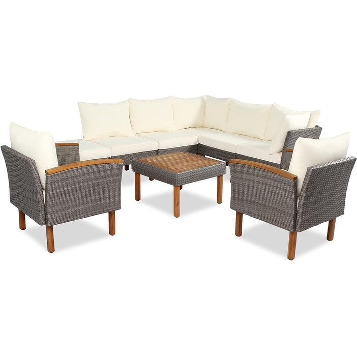 Set di mobili da giardino in rattan da 9 pezzi Roomfitters, set da conversazione all'aperto con gambe in legno di acacia e piano del tavolo