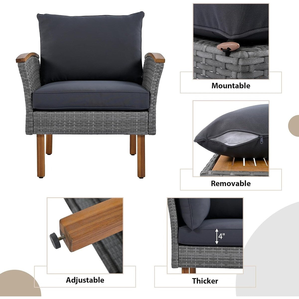 Set di mobili da giardino in rattan da 9 pezzi Roomfitters, set da conversazione all'aperto con gambe in legno di acacia e piano del tavolo