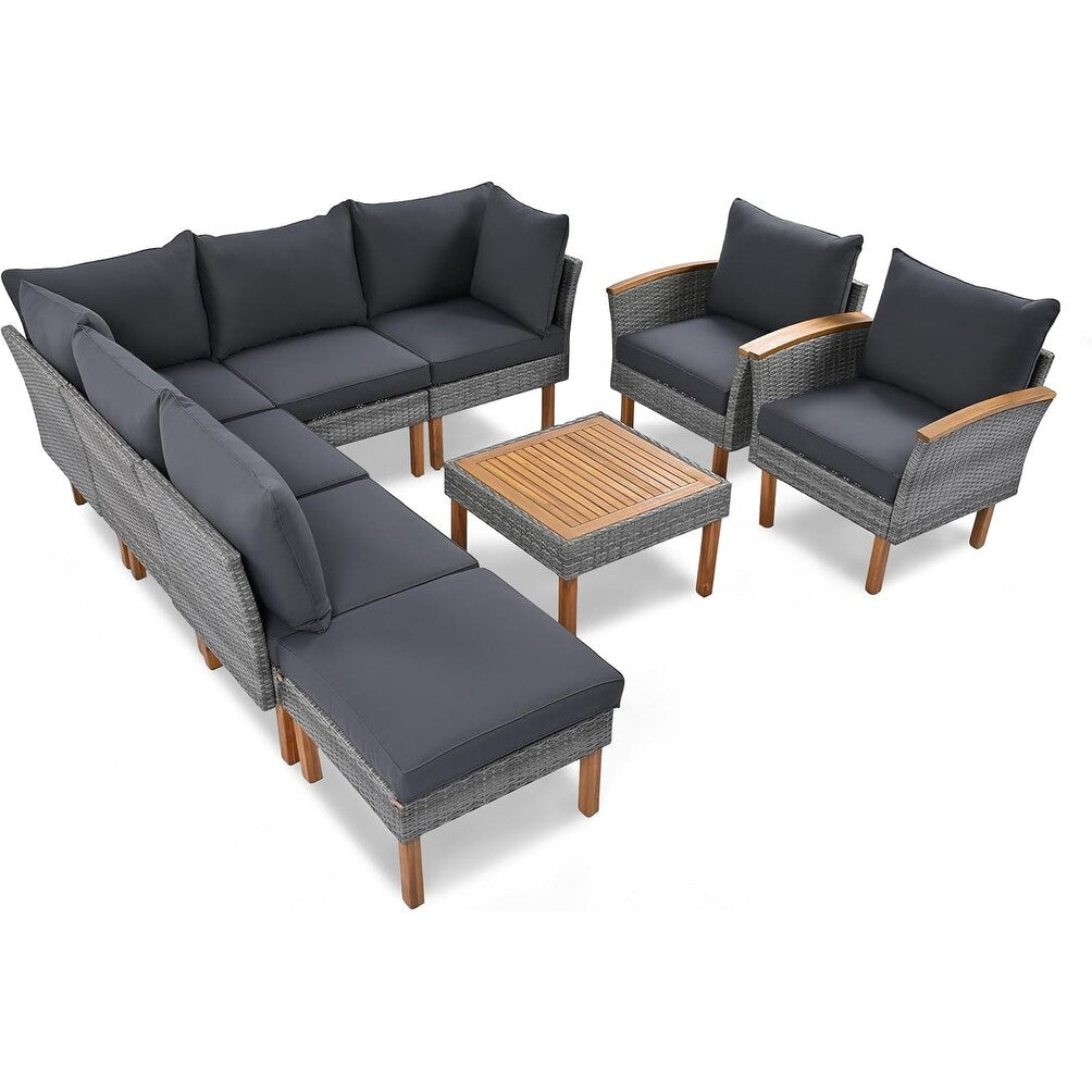 Set di mobili da giardino in rattan da 9 pezzi Roomfitters, set da conversazione all'aperto con gambe in legno di acacia e piano del tavolo