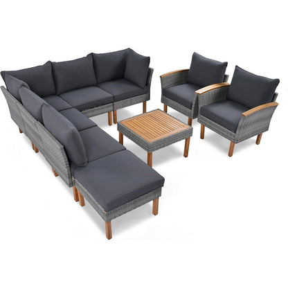 Set di mobili da giardino in rattan da 9 pezzi Roomfitters, set da conversazione all'aperto con gambe in legno di acacia e piano del tavolo