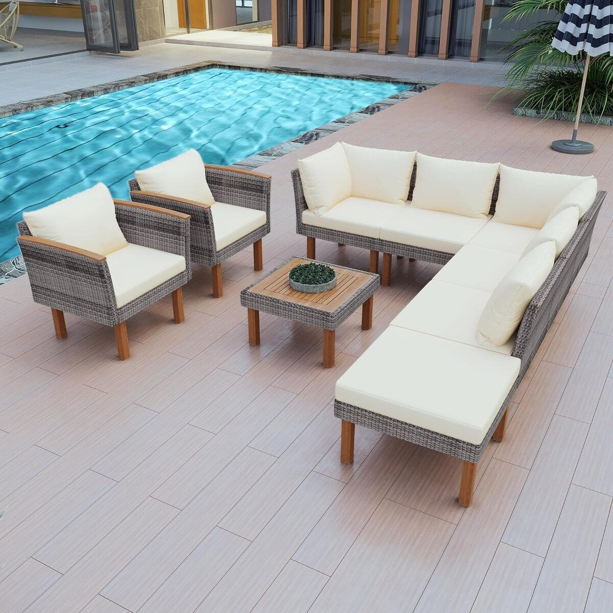 Set di mobili da giardino in rattan da 9 pezzi Roomfitters, set da conversazione all'aperto con gambe in legno di acacia e piano del tavolo