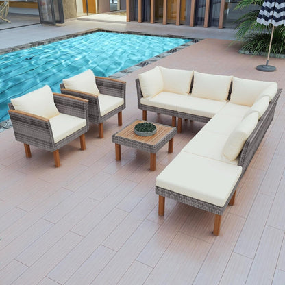 Set di mobili da giardino in rattan da 9 pezzi Roomfitters, set da conversazione all'aperto con gambe in legno di acacia e piano del tavolo