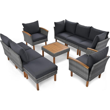 Set di mobili da giardino in rattan da 9 pezzi Roomfitters, set da conversazione all'aperto con gambe in legno di acacia e piano del tavolo