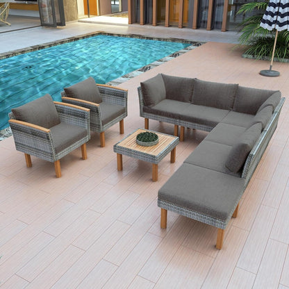 Set di mobili da giardino in rattan da 9 pezzi Roomfitters, set da conversazione all'aperto con gambe in legno di acacia e piano del tavolo