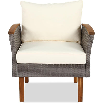 Set di mobili da giardino in rattan da 9 pezzi Roomfitters, set da conversazione all'aperto con gambe in legno di acacia e piano del tavolo