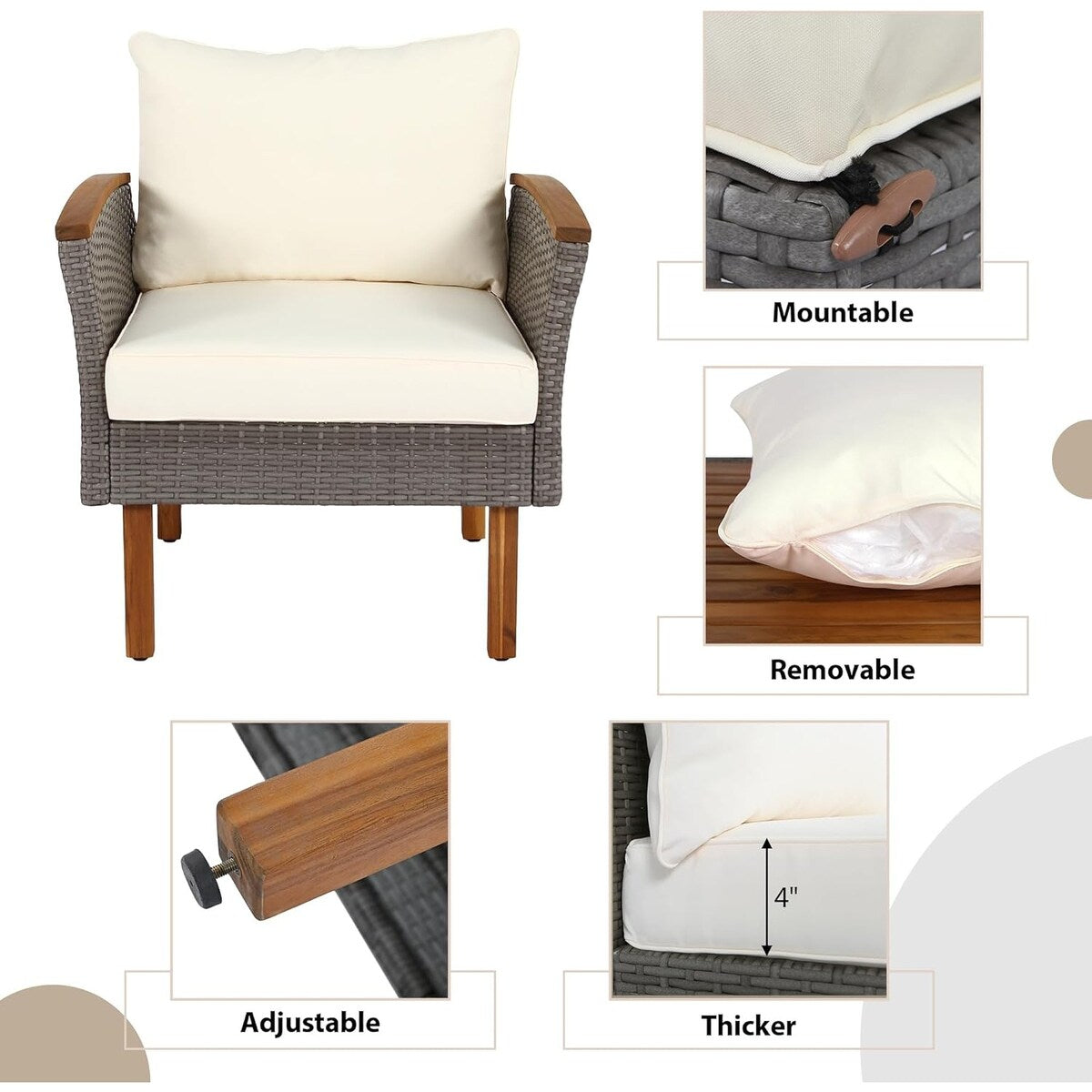 Set di mobili da giardino in rattan da 9 pezzi Roomfitters, set da conversazione all'aperto con gambe in legno di acacia e piano del tavolo