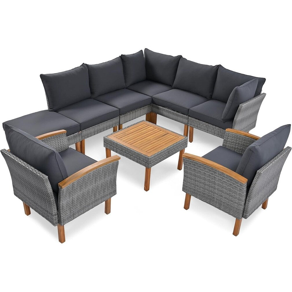 Set di mobili da giardino in rattan da 9 pezzi Roomfitters, set da conversazione all'aperto con gambe in legno di acacia e piano del tavolo