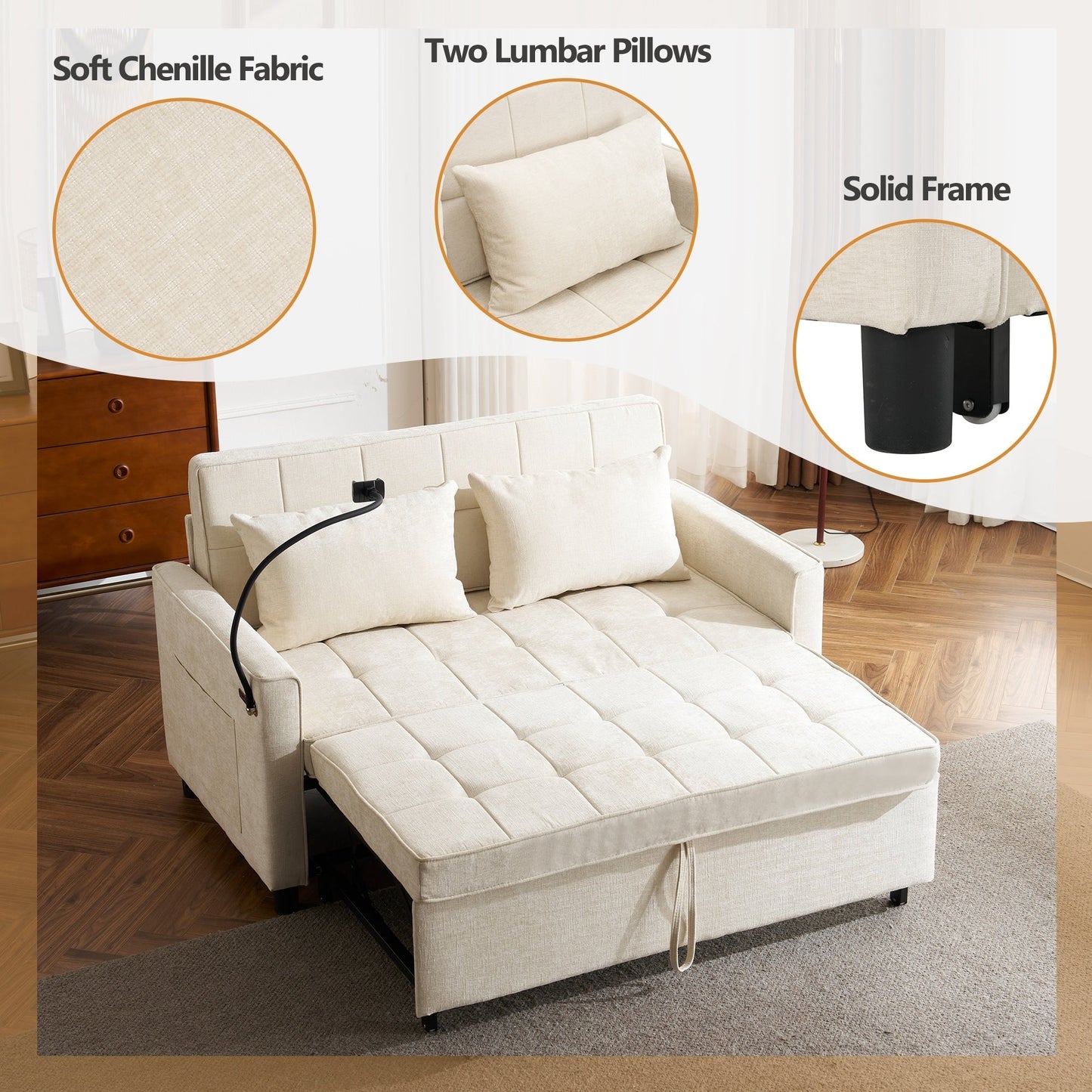 Divano letto estraibile Roomfitters Loveseat con cuscino schienale reversibile, tasche laterali, porte USB e porta telefono