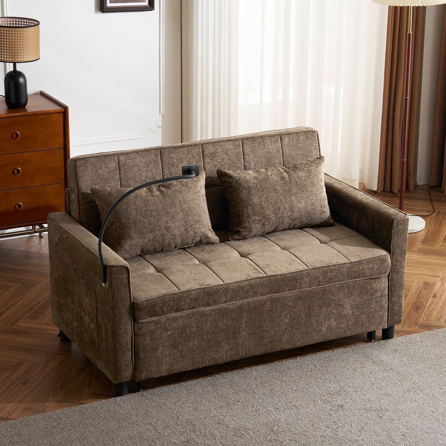Divano letto estraibile Roomfitters Loveseat con cuscino schienale reversibile, tasche laterali, porte USB e porta telefono