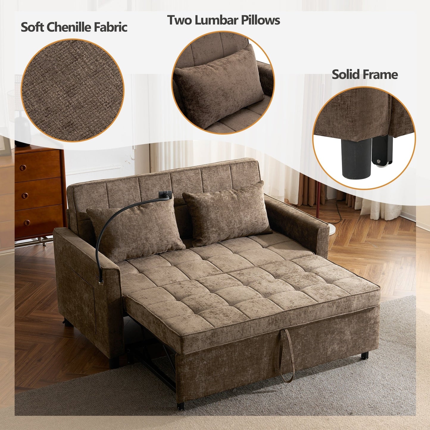 Divano letto estraibile Roomfitters Loveseat con cuscino schienale reversibile, tasche laterali, porte USB e porta telefono