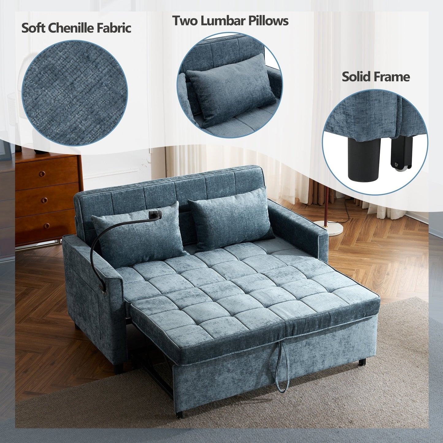 Divano letto estraibile Roomfitters Loveseat con cuscino schienale reversibile, tasche laterali, porte USB e porta telefono