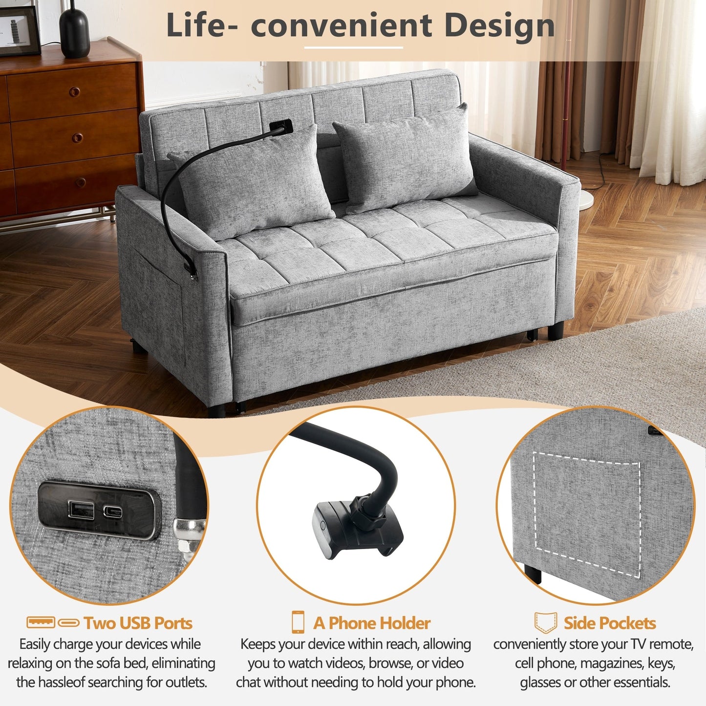 Divano letto estraibile Roomfitters Loveseat con cuscino schienale reversibile, tasche laterali, porte USB e porta telefono