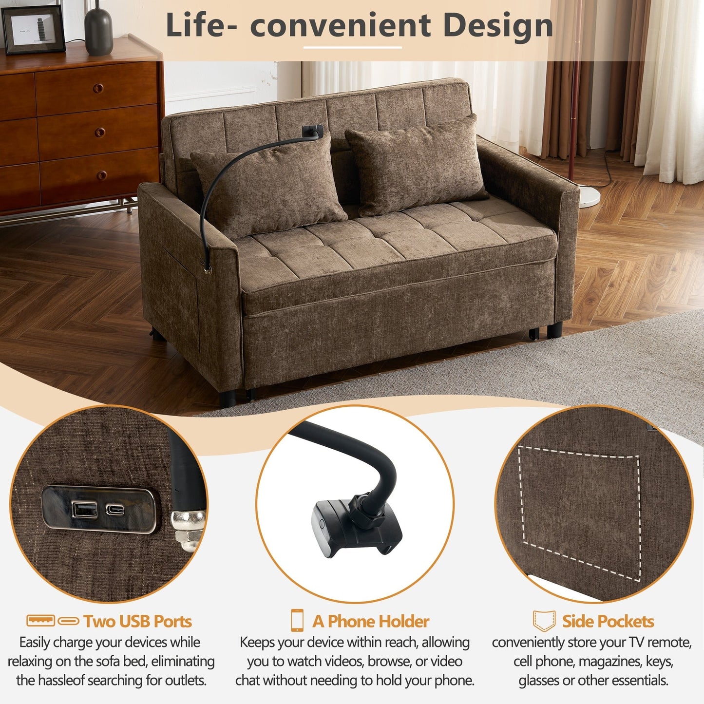 Divano letto estraibile Roomfitters Loveseat con cuscino schienale reversibile, tasche laterali, porte USB e porta telefono