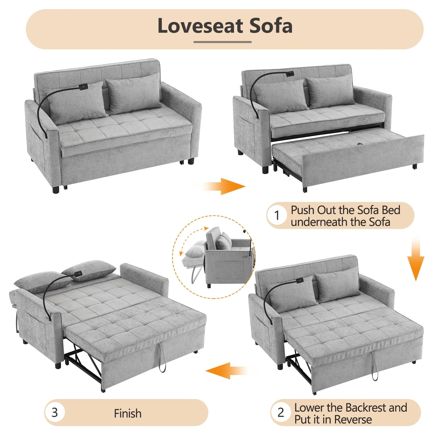 Divano letto estraibile Roomfitters Loveseat con cuscino schienale reversibile, tasche laterali, porte USB e porta telefono