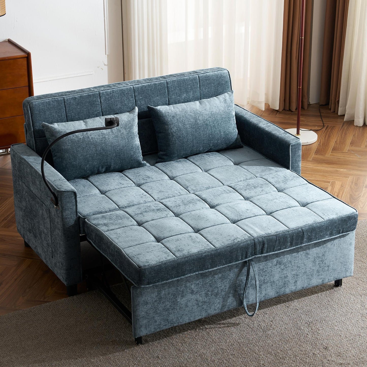 Divano letto estraibile Roomfitters Loveseat con cuscino schienale reversibile, tasche laterali, porte USB e porta telefono