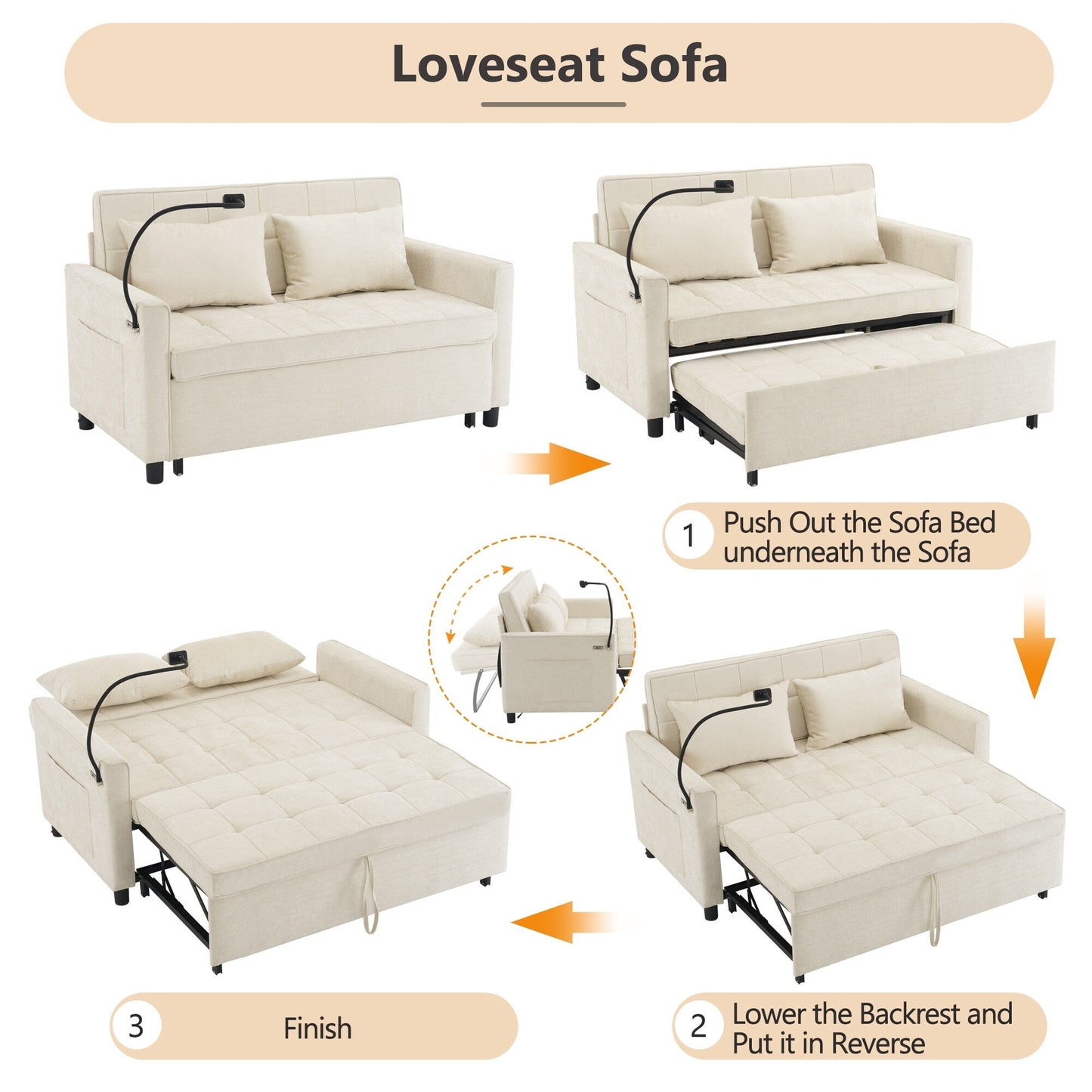 Divano letto estraibile Roomfitters Loveseat con cuscino schienale reversibile, tasche laterali, porte USB e porta telefono