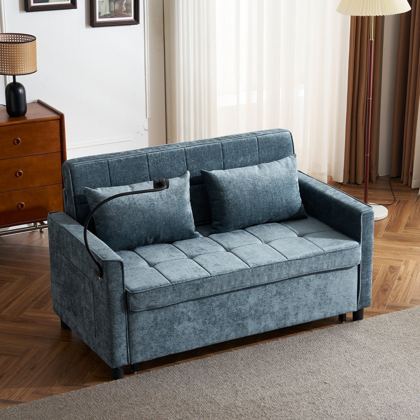 Divano letto estraibile Roomfitters Loveseat con cuscino schienale reversibile, tasche laterali, porte USB e porta telefono