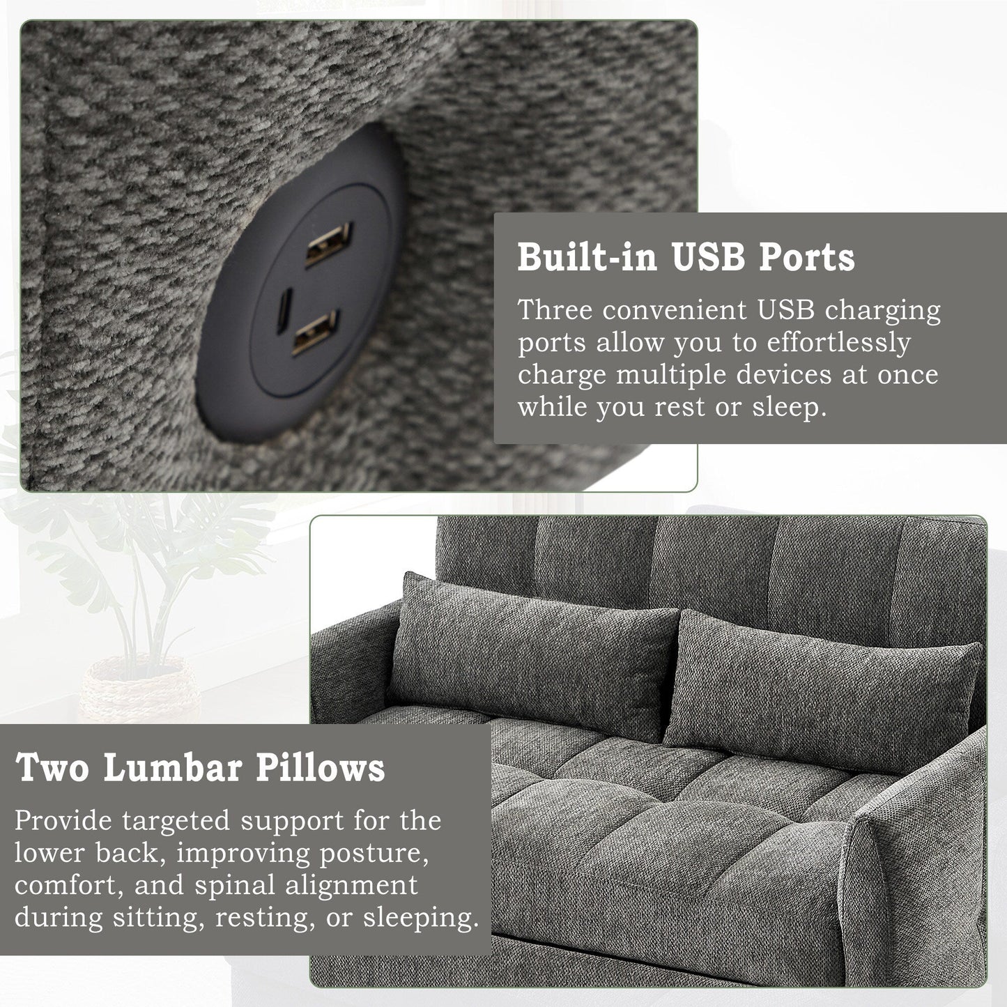 Divano letto estraibile Roomfitters Loveseat, divano letto imbottito con schienale regolabile, porte USB e cuscini lombari per il soggiorno