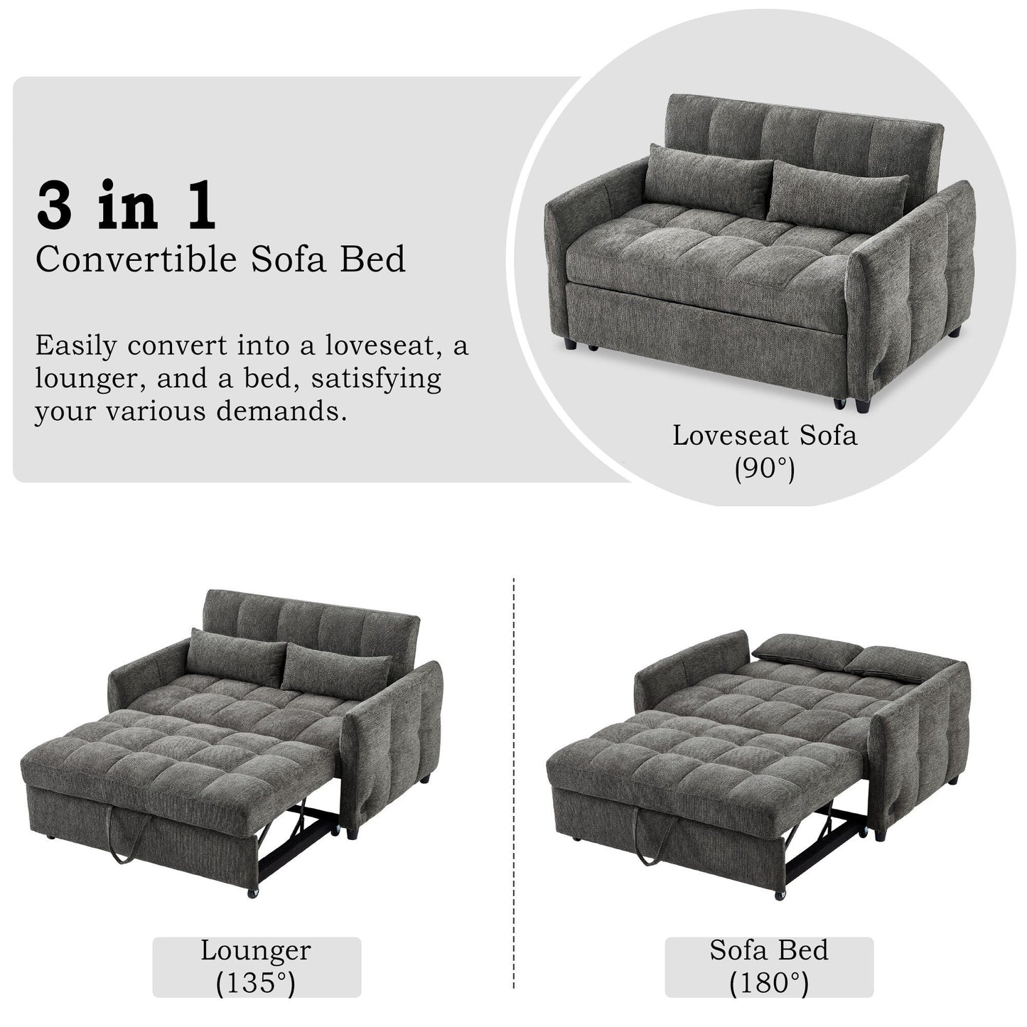 Divano letto estraibile Roomfitters Loveseat, divano letto imbottito con schienale regolabile, porte USB e cuscini lombari per il soggiorno