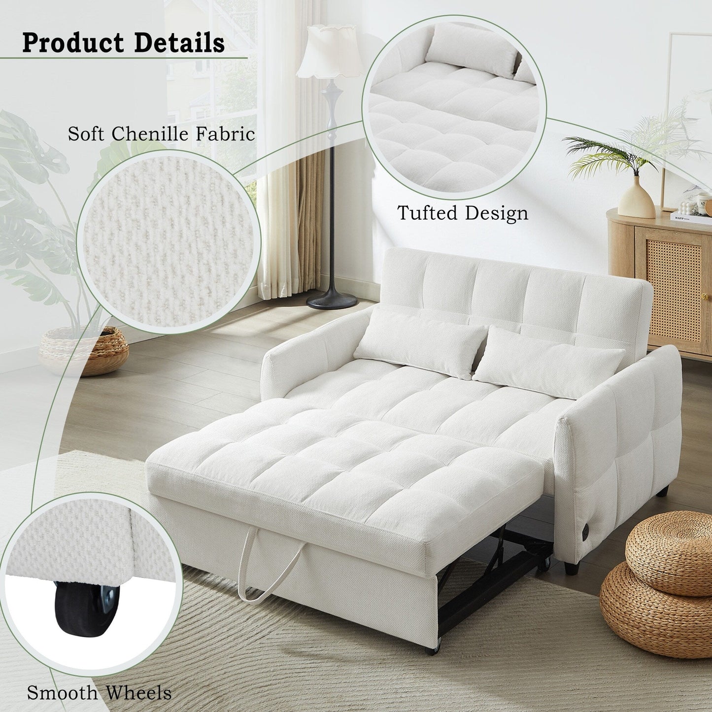 Divano letto estraibile Roomfitters Loveseat, divano letto imbottito con schienale regolabile, porte USB e cuscini lombari per il soggiorno