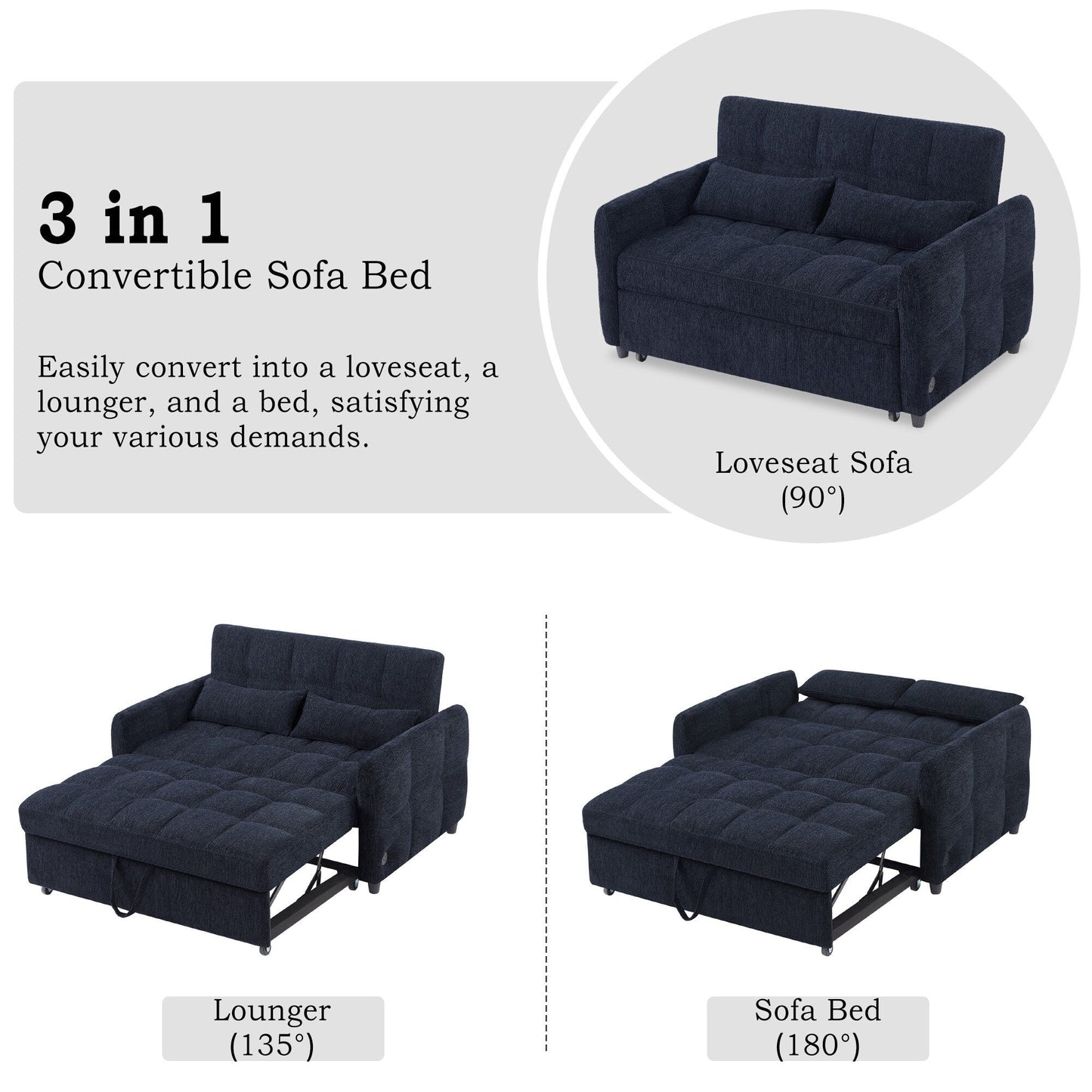 Divano letto estraibile Roomfitters Loveseat, divano letto imbottito con schienale regolabile, porte USB e cuscini lombari per il soggiorno