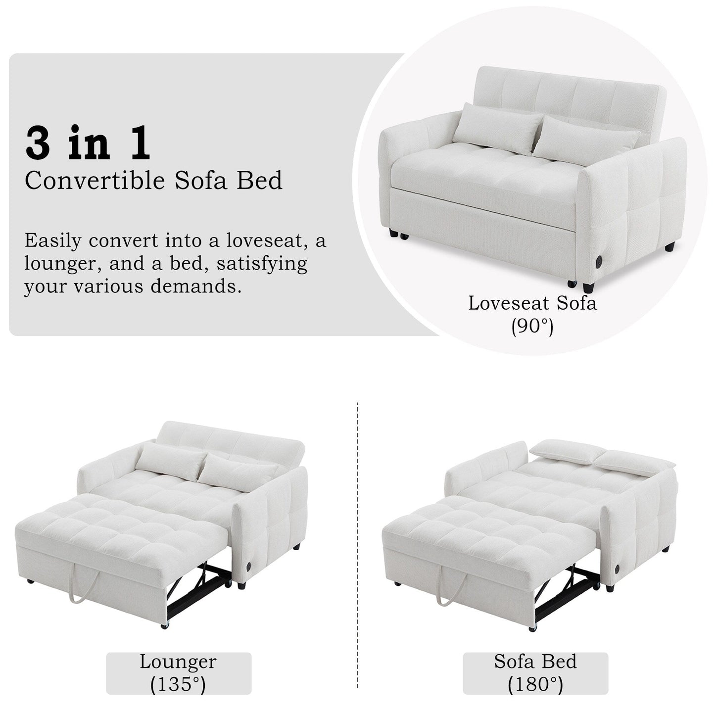 Divano letto estraibile Roomfitters Loveseat, divano letto imbottito con schienale regolabile, porte USB e cuscini lombari per il soggiorno