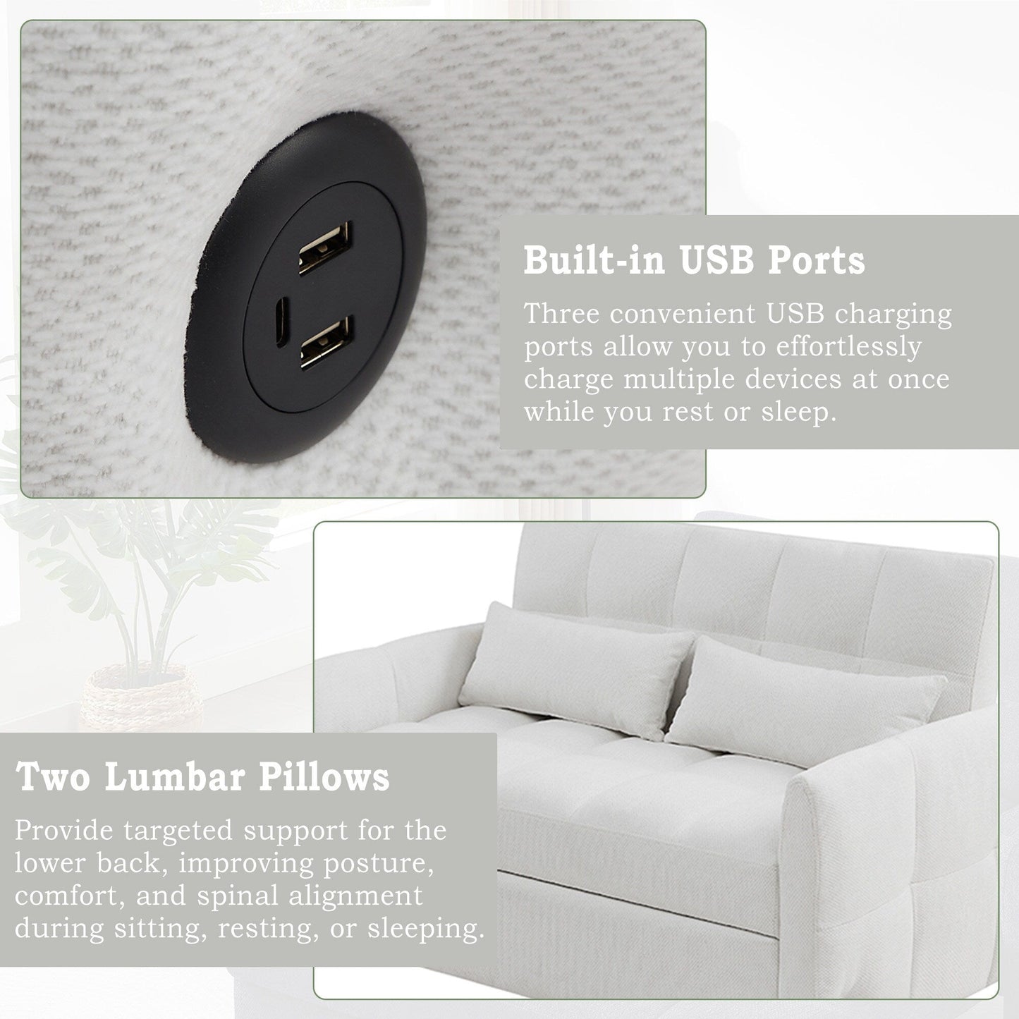 Divano letto estraibile Roomfitters Loveseat, divano letto imbottito con schienale regolabile, porte USB e cuscini lombari per il soggiorno