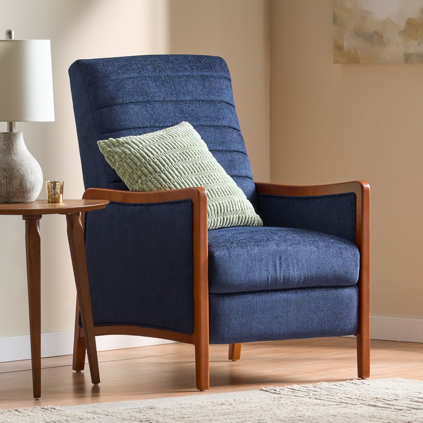 Poltrona reclinabile in legno con schienale a spinta, modello Mid Century Modern, in tessuto con cuciture a canale, elegante poltrona reclinabile per soggiorno