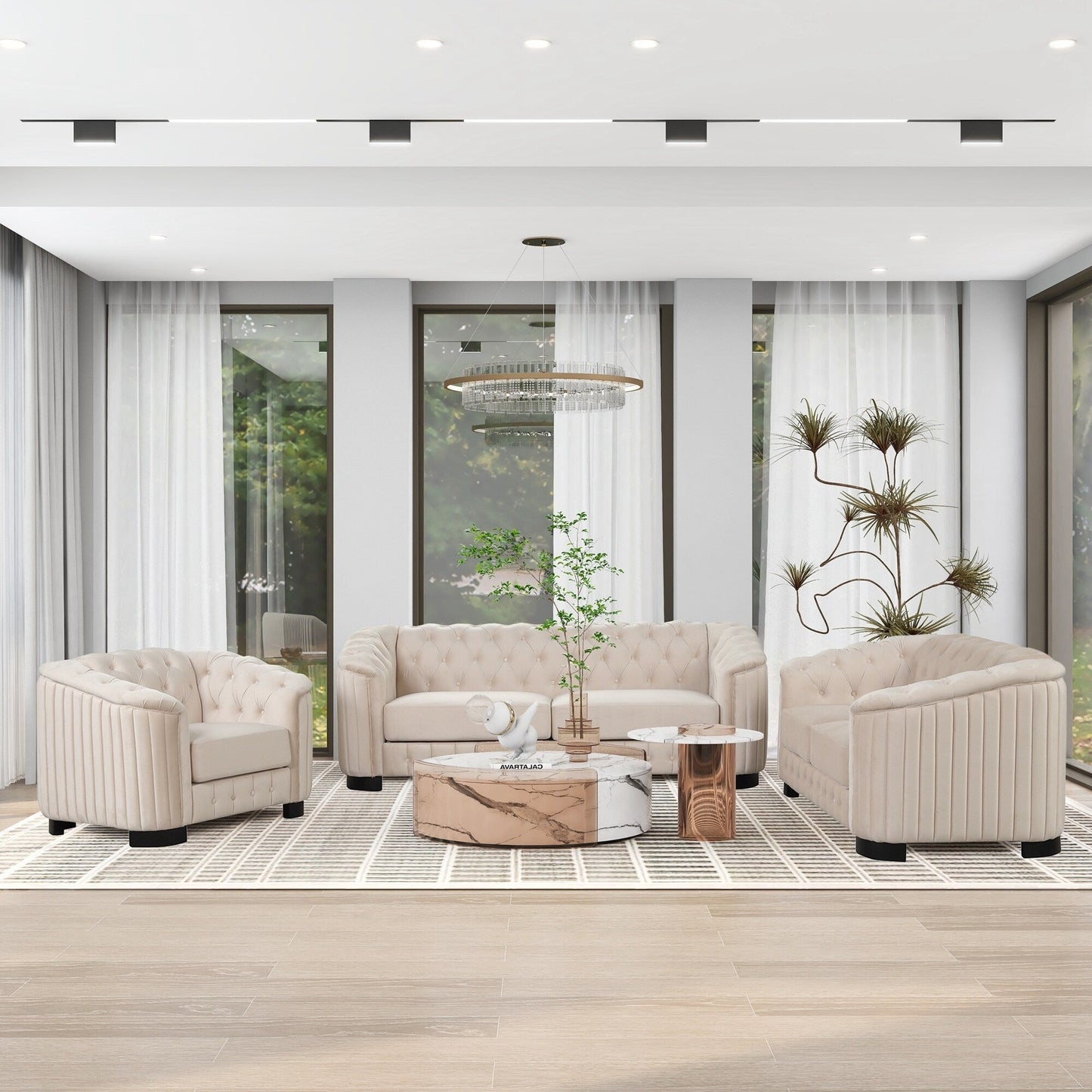 Set di divani moderni in velluto a 3 pezzi Roomfitters con gambe in legno di caucciù, include divano a tre posti, divanetto e poltrona per soggiorno