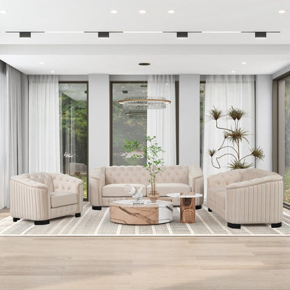 Set di divani moderni in velluto a 3 pezzi Roomfitters con gambe in legno di caucciù, include divano a tre posti, divanetto e poltrona per soggiorno