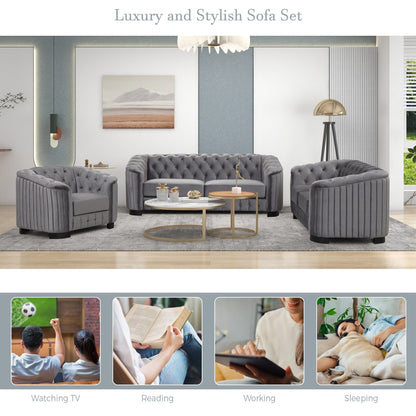 Set di divani moderni in velluto a 3 pezzi Roomfitters con gambe in legno di caucciù, include divano a tre posti, divanetto e poltrona per soggiorno