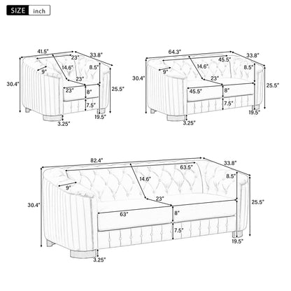 Set di divani moderni in velluto a 3 pezzi Roomfitters con gambe in legno di caucciù, include divano a tre posti, divanetto e poltrona per soggiorno