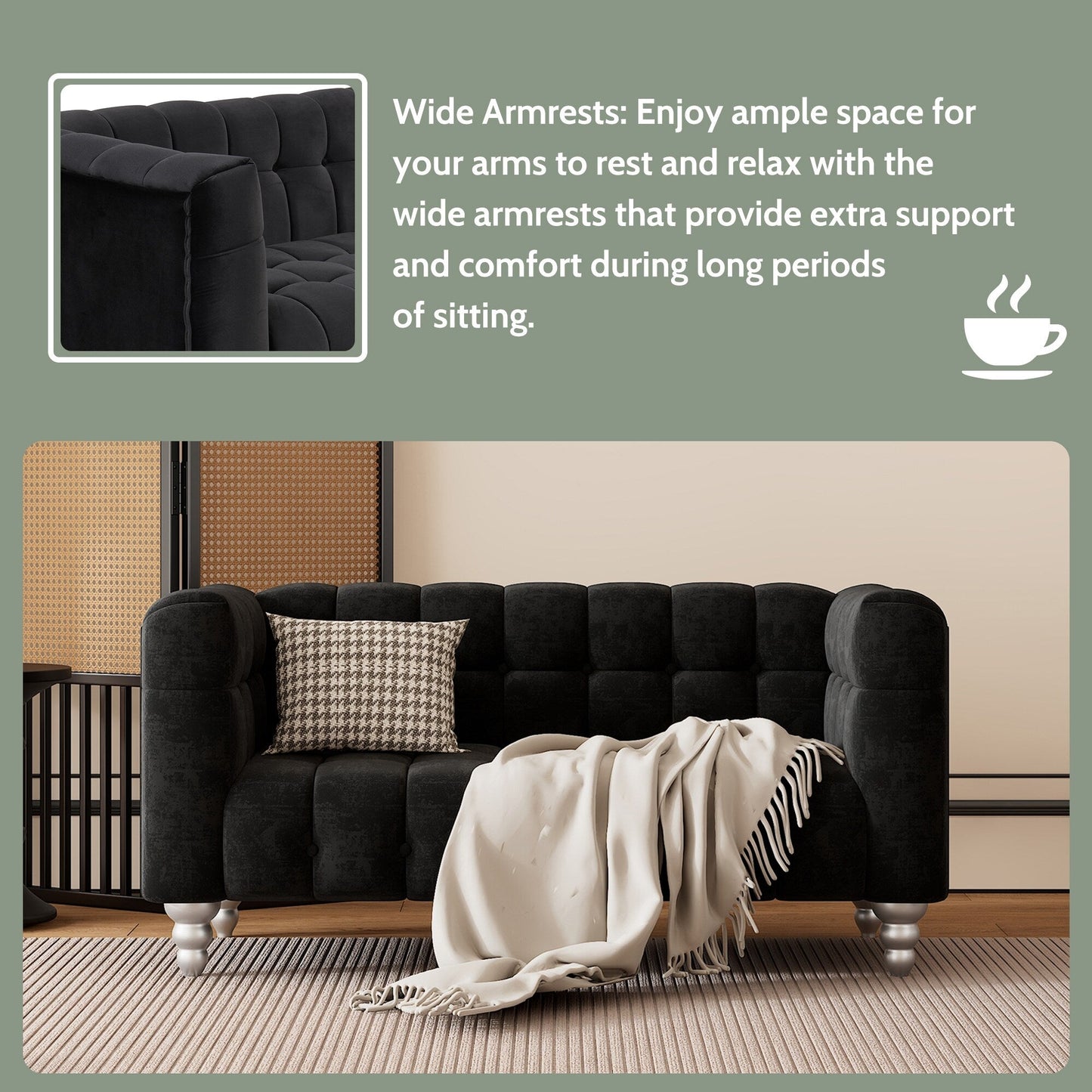 Set di divani moderni Roomfitters da 3 pezzi con gambe in legno massello, schienale capitonné, set di divani rivestiti in pile olandese