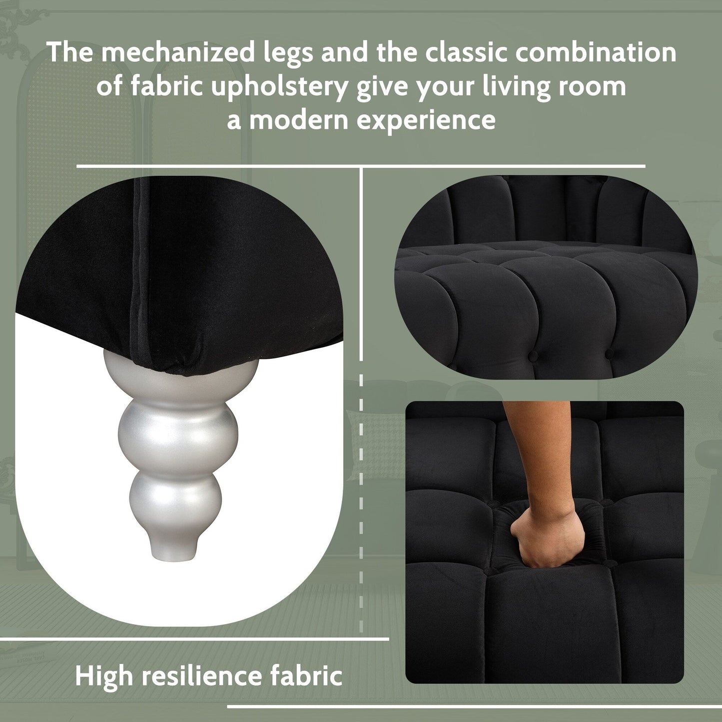 Set di divani moderni Roomfitters da 3 pezzi con gambe in legno massello, schienale capitonné, set di divani rivestiti in pile olandese