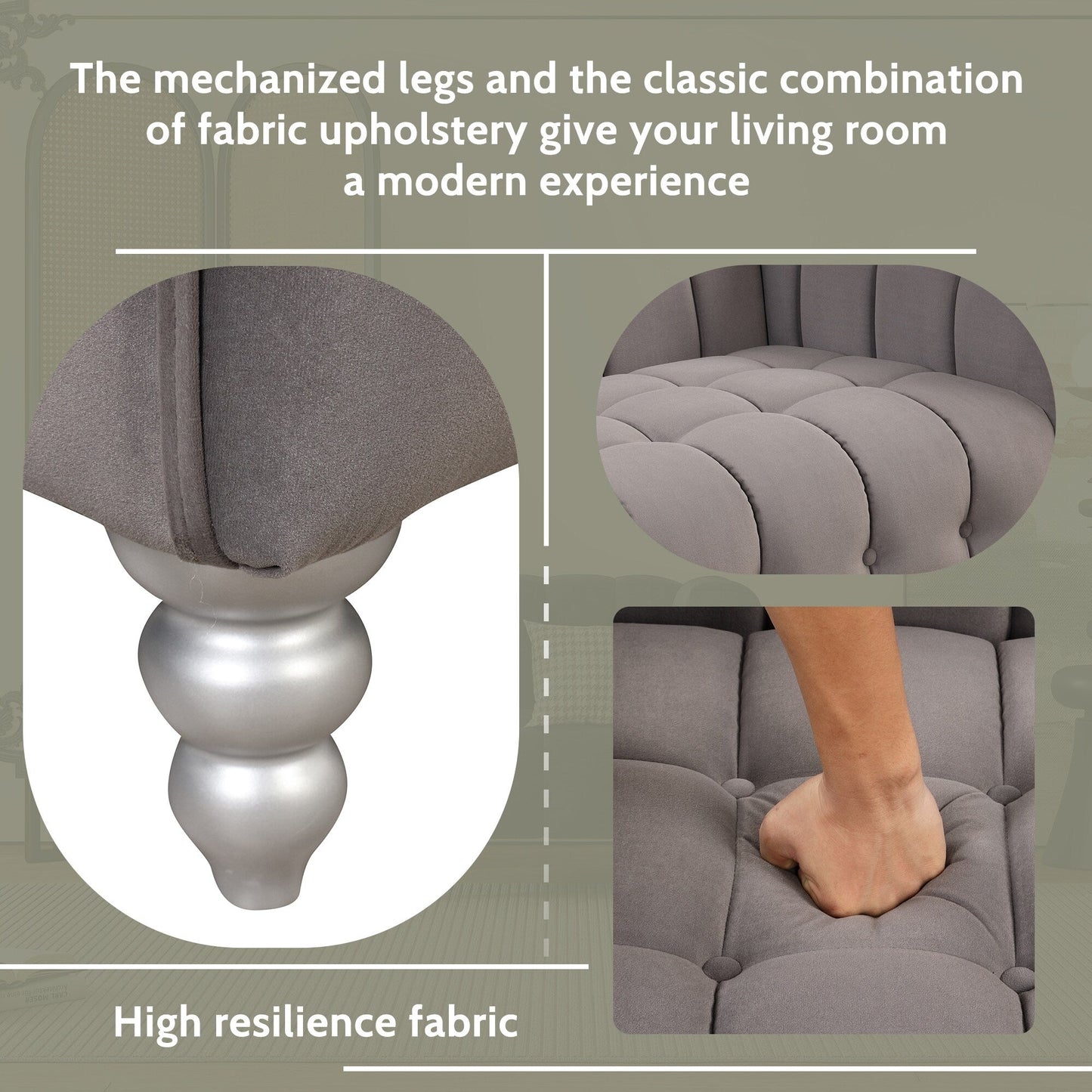 Set di divani moderni Roomfitters da 3 pezzi con gambe in legno massello, schienale capitonné, set di divani rivestiti in pile olandese