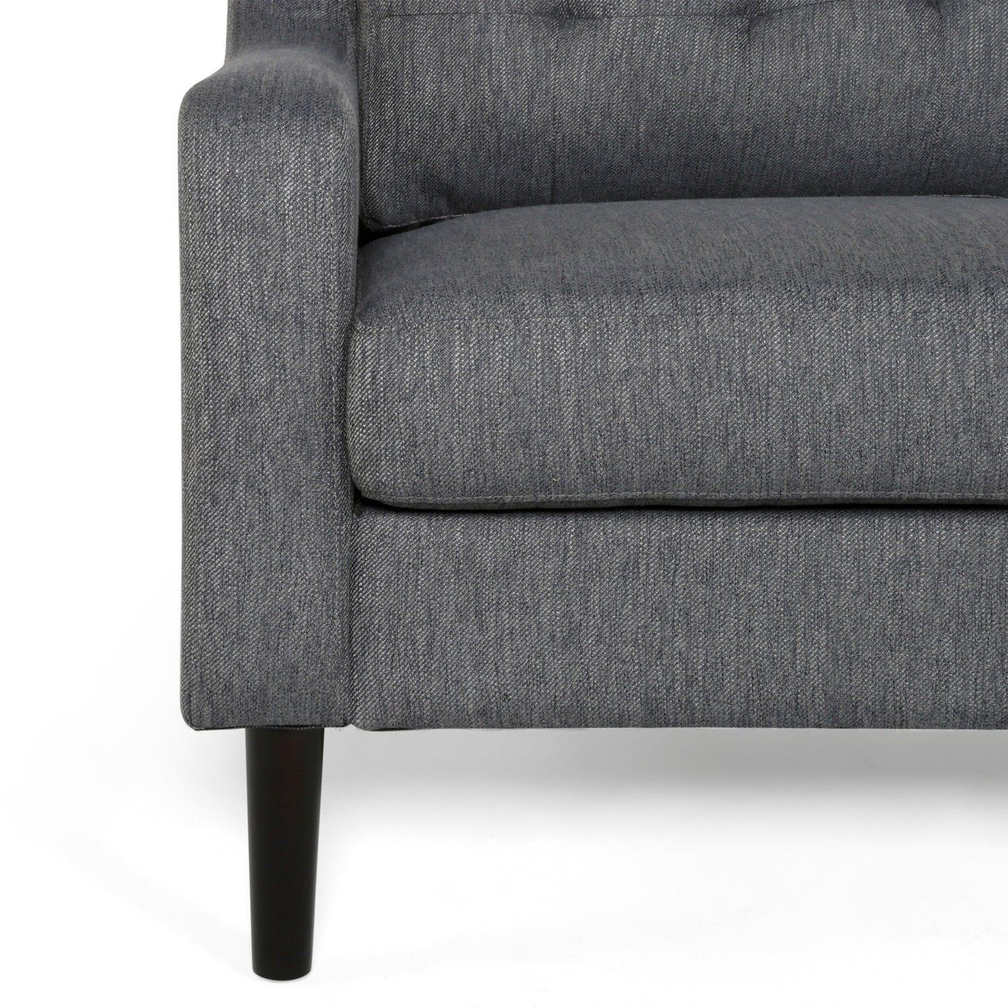 Divano moderno imbottito Roomfitters, divano con bottoni trapuntati, braccioli curvi e comodi cuscini